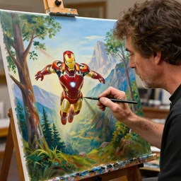 a closeup photorealistic photograph of bob ross at his studio. bob is working on a canvas painting of iron man flying through the trees. mountain scape. film still, vibrant colors. this 4 k hd image is trending on artstation, featured on behance, well - rendered, extra crisp, features intricate detail, epic composition and the style of unreal engine.