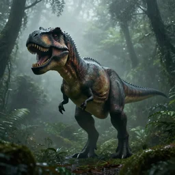 a tyrannosaurus rex emerging from fog, rainforest, dramatic, cinematic, realistic photograph, ambient, dark shades of colors, unreal engine 5, rendered by octane