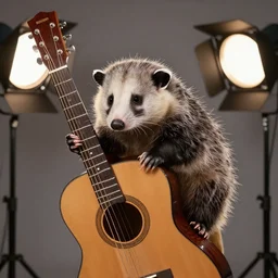 photoshoot of an virginia opossum clinging to a guitar, studio lighting, national geographic style, 5 0 mm