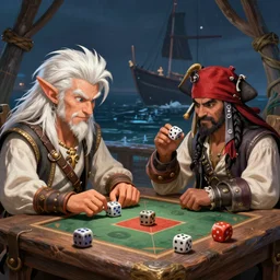 a white haired dwarf and a pirate halfling gambling with dice near a creak, illustration by craig mullins, wlop, highly detailed, colorful, unreal engine, octane render, dramatic lighting, cinematic composition,