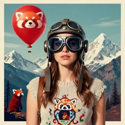 woman with aviator helmet and googles, girl! with knitted top, zombie monastery, red panda, weather air - balloon red, andes mountains, poster in the style of jean giraud