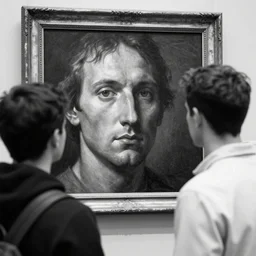 man looking at a painting in the louvre, concept art, detailed face, close up, dramatic, black and white, drawing