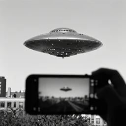 a photograph of a ufo above new york taken by a phone camera, black and white