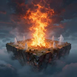 a cubic landscape with fire in the sky, ghostly figures, by mariusz lewandowski