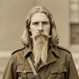 an old photo of a soldier with long blonde hair and long blonde moustache