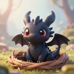 a portrait of a cute happy tiny black chibi dragon in a nest, red eyes, artstation, by magali villeneuve, depth of field, beautiful lighting, pastel colors, bokeh, fantasy art