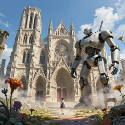 Intricate detailed illustration, ruins of a gothic cathedral, a girl and a big robot, strange flowers, fog, vibrant colors, blue sky, by Sparth and Greg Rutkowski, wide angle, volumetric light scattering, 8k, artstation, concept art