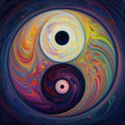 a fractal yin yang symbol surrealist painting, the vortex opening up and multicolored spirals surround it