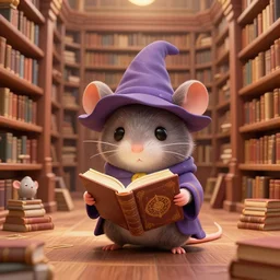 cute chibi rat wizard, reading ancient book, inside vast library with big bookshelves, 3 d sculpture, 3 d cg, pixar