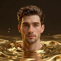 portrait of a surreal alessiogarcai floating in the middle of a gold fluid, ultra super good realistic 3D render by Pete Morbacher, Zeiss 50mm f1.8, Hasselblad, insanely detailed, trending on artstation, sharp focus