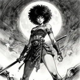 symmetrical! female instagram model in afro samurai anime style, dynamic wide angle lens, manga style, greg rutkowski, pencil and ink, full moon lighting
