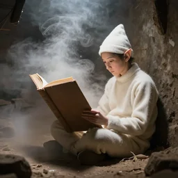 An Elf reading a giant novel inside of a dusty chamber full of smoke by Tatsuo Miyajima