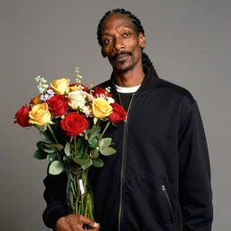 Snoop Dogg looking away from camera while holding a Vase of flowers for a 1990s sitcom tv show, Studio Photograph, portrait, C 12.0