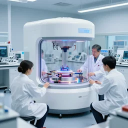 teleportation machine in a laboratory, with scientists working on it and studying it, the machine is a large metal contraption with a bright light in the center, style of kai fine art