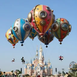 large colorful futuristic space age metallic steampunk balloons with pipework and electrical wiring around the outside, and people on rope swings underneath, flying high over the beautiful disneyland in california city landscape, professional photography, 8 0 mm telephoto lens, realistic, detailed, photorealistic, photojournalism