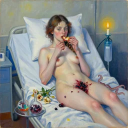 portrait of a female art student in a hospital bed, pig, sensual, wilted flowers, squashed berry stains, octopus, scientific glassware, eating rotting fruit, oxygen tank, candlelight, neo - impressionist, surrealism, acrylic and spray paint and oilstick on canvas