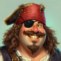 sea of thieves style vibrant face portrait of an obese chubby friendly smiling pirate with a big bushy with eyepatch, golden teeth and a mustache moustache, highly detailed, shoulders up, digital painting, artstation, concept art, sharp focus, illustration, art by artgerm and greg rutkowski and alphonse mucha