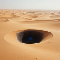 intergalactic stargate portal in the middle of a vast desert, with dunes stretching out as far as the eye can see, and a single oasis in the distance by joao ruas and george lucas, style of bright