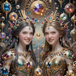 beautiful gemini twins, happy angry, fantasy character art, ultra realistic, wide angle, intricate details, the fifth element artifacts, highly detailed by peter mohrbacher, hajime sorayama, wayne barlowe, boris vallejo, aaron horkey, gaston bussiere, craig mullins