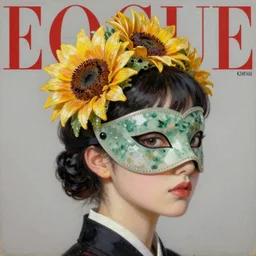 masquerade ball mask, jade sunflower tiara, korean audrey hepburn, vogue magazine, elle magazine, greg rutkowski, john singer sargent, trending on artstation, anime, oil painting, side profile portrait, looking right, intricate