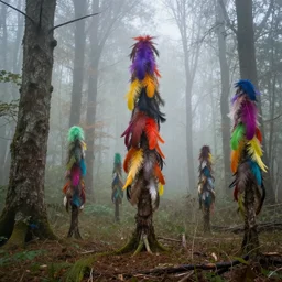A photograph of a strange forest with trees made of colorful feathers, in fog
