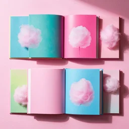 flatlay book collection, vivid colors, dramatic lighting, cotton candy