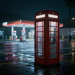 dark, at night, panoramic view of a single phone booth on a rainy day, a 6 0 s gas station in the background, haze, behance hd by jesper ejsing, by rhads, makoto shinkai and lois van baarle, ilya kuvshinov, rossdraws global illumination, 4 k artstation, unreal engine