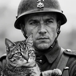 A soldier holding a warrior cat in world war 1, close-up, realistic face, sharp facial features, mature facial features, black and white, amazing digital art, hyper detailed, artstation, in the style of Tony Sart