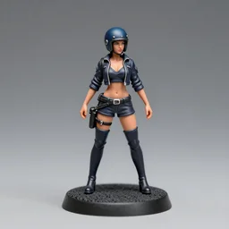 80mm resin detailed miniature of a biker woman, Short jacket, helmet,  over-knee boots, navel, thigh skin, on textured base; Miniature product Photos, 4K, Full body;