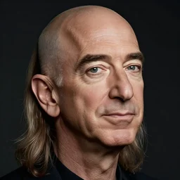 a man with long hair, with the face of Jeff Bezos