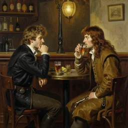 bradley james as arthur pendragon and colin morgan as merlin go to a pub together to have some drinks. highly detailed painting by gaston bussiere, greg rutkowski, j. c. leyendecker 8 k