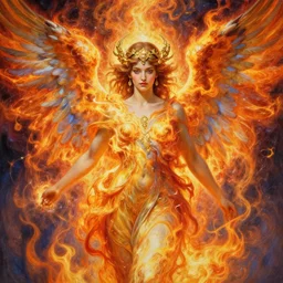 an intricate painting of a beautifull angel with fire wings surrounded by energy, hyper detailed, ornamental gold headpiece, octane render, vivid colors, artstation, by jeremy mann, by alphonse mucha, by boris vallejo