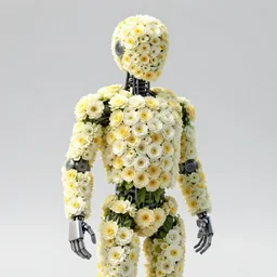 A half cyborg man made from flowers
