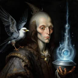 a baroque close - up portrait painting of a cosmic alien wizard, his bird, and a glowing sci - fi time machine. black background. highly detailed science fiction painting by norman rockwell, moebius, frank frazetta, and syd mead. high contrast. renaissance masterpiece. artstation