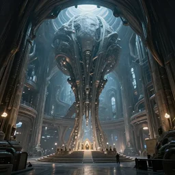 massive interior of an alien mothership, never seen before, mixture of technology and biology, looks like a cathedral