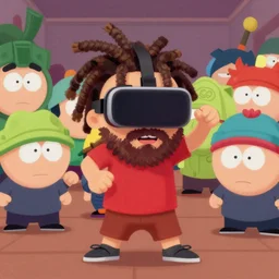 a highly detailed painting of a boy with dreadlocks and a beard in the virtual reality of southpark, he does a lot of mischief and dances with the other members of the series