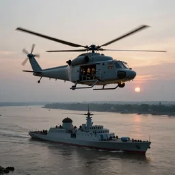 helicopter warships flying over the Mekong River at twilight during the Vietnam War