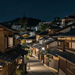 city at night, layered japanese kyoto vintage housing, edo era, photograph