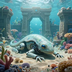 ultra realistic, detailed, formless, robot, cyperpunk, alien, water, amphibian, alien world, submerged, aquatic, aztec architecture, advanced, coral, sand, peaceful, bright, harmony, prosperity, alien plants, temple, portal, star gate, alien flora and fana