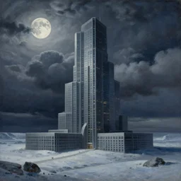 photorealistic surrealist painting of a massive mysterious building in an arctic landscape, dramatic cloudy night sky, full moon, by max ernst