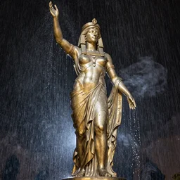 sculp of Cleopatra on the rain, faith, full body, low angle, night, surrounded by smoke, shadows, award winning photography