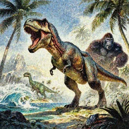 movie Poster, tropical Island, dinosaur by Frank frazetta, Tyrannosarus Rex, Action, from jurassic World (2015), from pacific rim (2013) from King kong (2005), cgsociety, ArtStation, by drew struzan, by James gurney