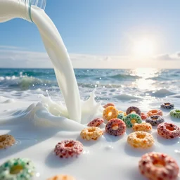 side view extreme close up of a white vitamin d milk ocean sea. a colorful fruit loops cereal is in the ocean. an ocean of gentle rolling waves made of white milk. nice blue sky morning sun on horizon. digital art, cgsociety award winner, ue 5, 4 k, dramatic lighting, subsurface scatter, hdr.