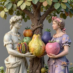 hyperdetailed cyber humans under a tree, holding huge interesting elaborate coloured fruits. in the style of Michelangelo, with liberty and flemish baroque mixed media details. vibrant vivid 3d textures in natural pastel tones. matte background HD 8x