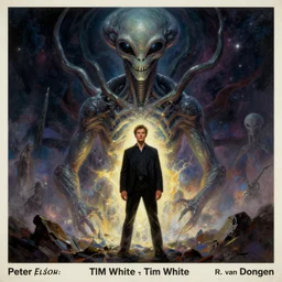 a painting of a man standing in front of a giant alien, poster art peter elson and tim white and h. r. van dongen, cgsociety, space art, lovecraftian, cosmic horror, poster art