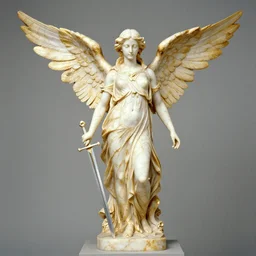 a statue made of gold veins marble, of an beautiful angel girl with an sword, perfect symmetrical body, perfect symmetrical face, no eyes, hyper realistic, hyper detailed, fujicolor superia 1 6 0 0 photo, full body shot, by peter kemp, by monia merlo