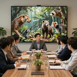 photo of a zoo animals on a board meeting. Highly detailed 8k. Intricate. Sony a7r iv 55mm. Stock photo.