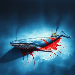 a watercolor painting of a whale bleeding near a fishing vessel, watercolor, smooth effect, hyper - detailed, dark art, horror art, digital art, octane render, realistic painting, high angle, volumetric light, part by beksinski, zdzisław part by carl gustav carus with red blood brushstrokes by swanland raymond.