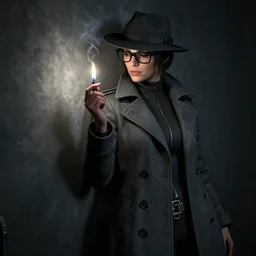 noir female detective in a gray coat, hat and black glasses leans against the wall and lights up, render, fallout 4 5
