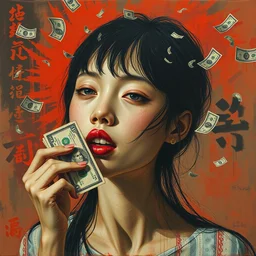 expressionist surreal art of asian girl who lost her money